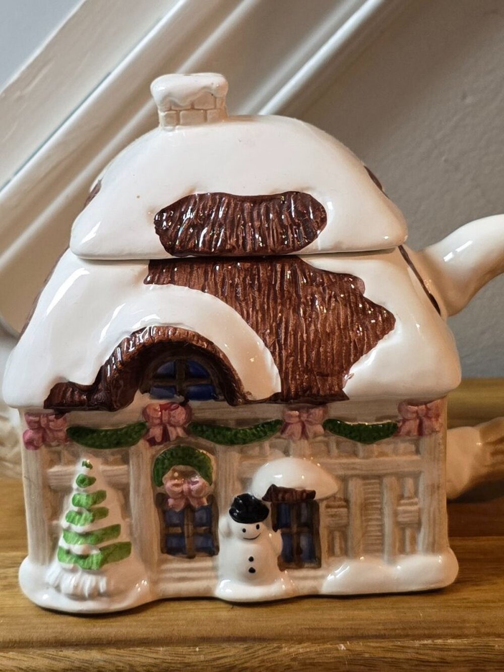Vintage Christmas Cottage Ceramic Teapot | Winter Holiday Snowman
